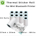 3 Rolls, Size: 57mm X 30mm, Self-Adhesive Inkless Waterproof White Color Thermal Sticker Paper Roll  - Perfect For Mini Printer, Portable Printer, Printer Mini, Label Printer, Model C9, PT 210, 230,X5, X6,C22 Etc.. 