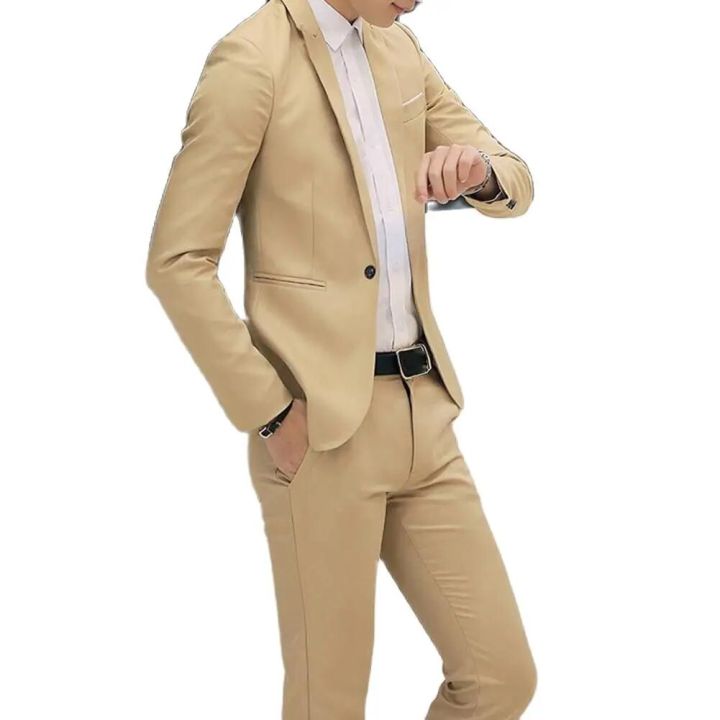 2Pcs Office Business Men Solid Color Lapel Long Sleeve Slim Blazer Pants Suit мужские пиджаки