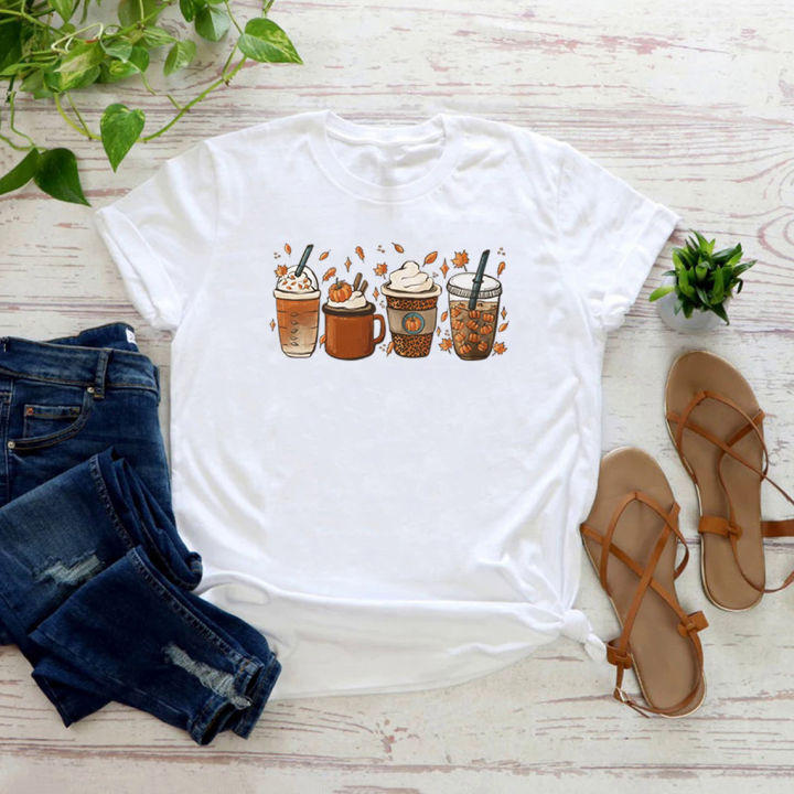 Fall Coffee T-Shirt Pumpkin Spice Halloween Tshirt Vintage Halloween Shirt for Women Graphic T Shirts Coffee Lovers Gifts Top