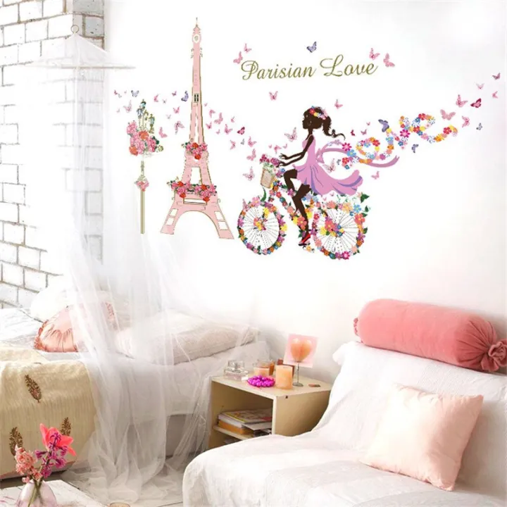 Romantic%20Paris%20Wall%20Sticker%20For%20Kids%20Rooms%20Eiffel%20Tower%20Flower%20Butterfly%20Fairy%20Girl%20Riding%20Wall%20Art%20Decal%20Home%20Decor%20Mural%20-%20Image%203