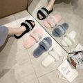Winter Luxury Rhinestone Women Warm Fur Slippers Cozy Fluffy Furry Slides Crystal Flat Indoor Design Home Shoes Ladies 43. 