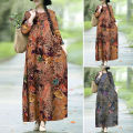 ZANZEA Womens Vintage Cotton Long Sleeve Floral Printed Casual Loose Kaftan Baggy Dress. 