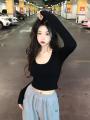 Simple White Shoulder U Collar Threaded Long Sleeve T T-shirt Women's Outer Wear Inner Wear Hot Girl Top Short All-Match Bottoming Shirt.