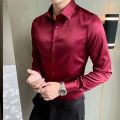 Men's Luxury Navy Satin Dress Shirts 2023 Brand New Slim Fit Long Sleeve Shirt for Men Business Casual Strech Chemise Homme.
