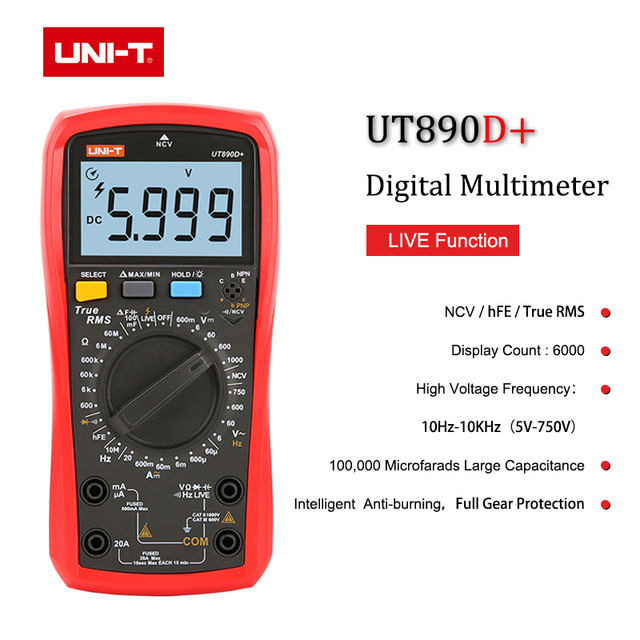 UNI-T UT890C UT890D+ Digital Multimeter 6000 Counts Current AC DC V Capacitance Resistance Tester True RMS LCD Display NCV