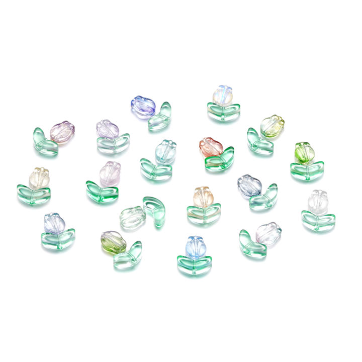 【Online】 St.kunkka 10set Three-Dimensional Tulip Flower Beads Transparent Beads Tulip Shape Beads with Leaves Flower Beads For DIY Beaded Bracelet Necklace