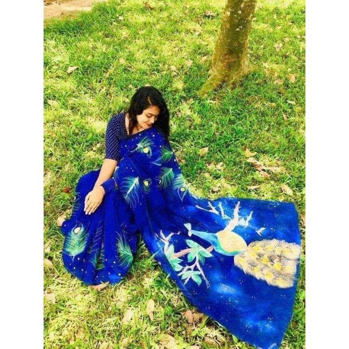 Exclusive Designer Hand Print Half Silk Saree for women