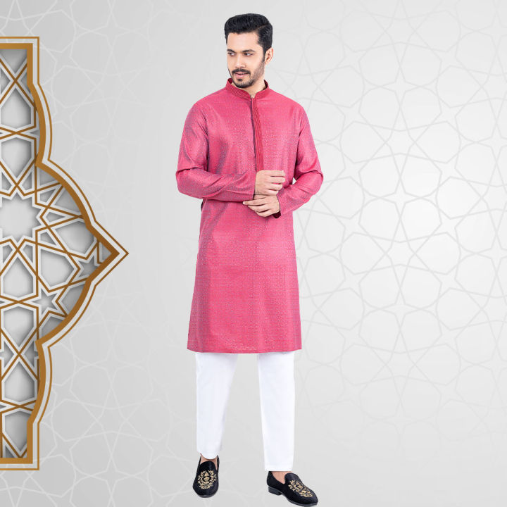 Lubnan Mens Maroon Color Regular Fit Indian Fabrics Panjabi For Eid Collection