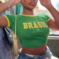 2024 Retro Street Aesthetic Baby T-shirt Women Green Brazil Letters Print Crop Tops Casual Slim Short Sleeve Y2k Clothes E-girls.