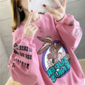 Autumn Winter Plus Velvet Casual Women Sweatshirt Harajuku Print Cartoon Big Bad Wolf Lady Clothes Lettersthin Pullover Female.