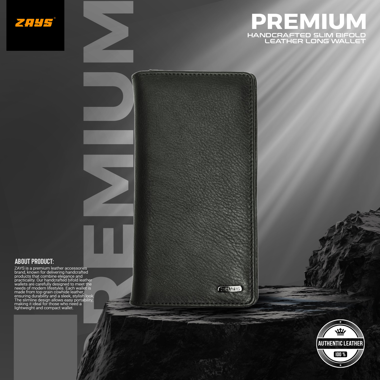 Zays Handcrafted Premium Eco-Friendly Leather Long Wallet for Mobile & Many things – Slim, Durable & Stylish Wallet for Unisex – Top-Grain Leather, Compact & Lightweight (Black)