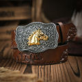 Western Cowboy Leather Buckle Belts Horse Pattern Floral Engraved Buckle Belt for Men.