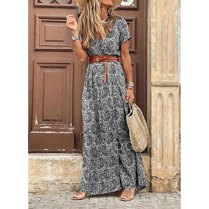 Womens Floral Vintage Boho Long Dress Print V-Neck Short Sleeve