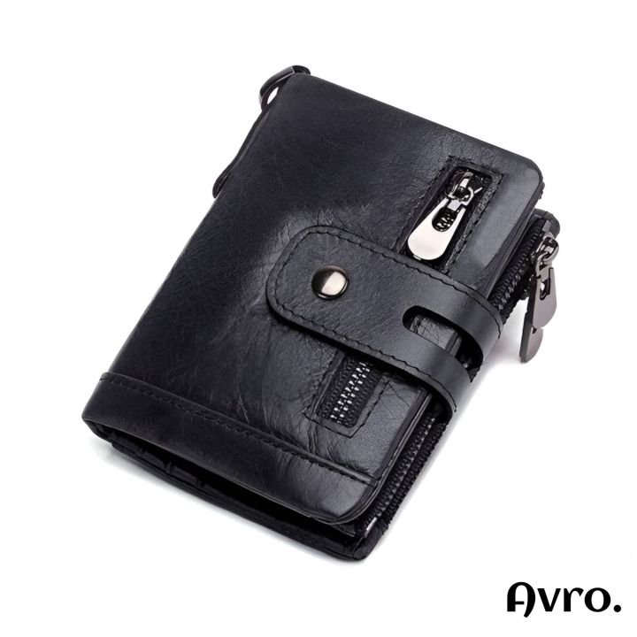 Avro Premium Men's High Quality Leather Wallet For Men Zipper Pocket With Button Black Wallet For Men 100% Cow Leather Money Bag For Men Exclusive Stylish