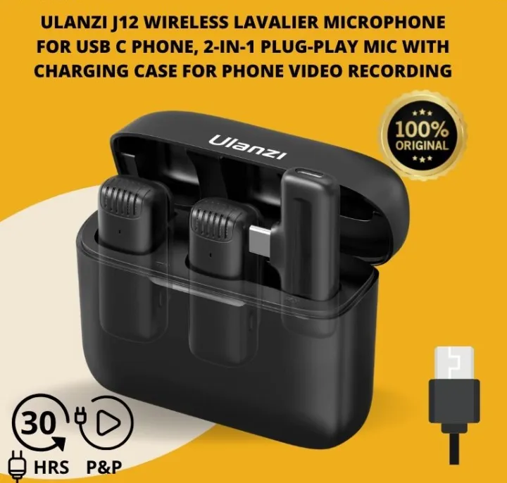Ulanzi J12 Dual Wireless Microphone With Charging Case For Type-C Microphone for YouTube Podcast Zoom Interview Vlog, 3 Levels Noise Reduction (No Need App/Bluetooth)