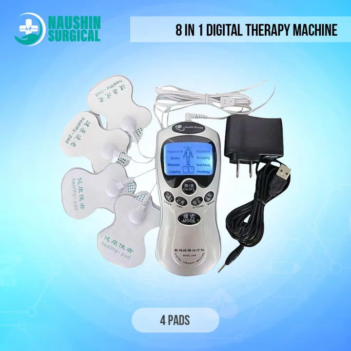 8 In 1 Digital Therapy Machine  Electric Muscle Stimulator Device With Acupuncture & Vibration  Pain Relief Pulse Massager, 4 Pads With Palm Device, Battery & Electric Operated