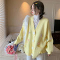 Women's Clothing New Korean Style Lazy Style Sweet Age-Reducing Candy Color Bow V Collar Three-Dimensional Flower Cardigan Sweater. 