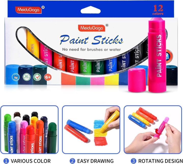 MEIDUGAGA Tempera Paint Sticks - 12 Classic Colors with Graphic Carton, 10g, Washable, Mess Free & Children Friendly, Non-Toxic