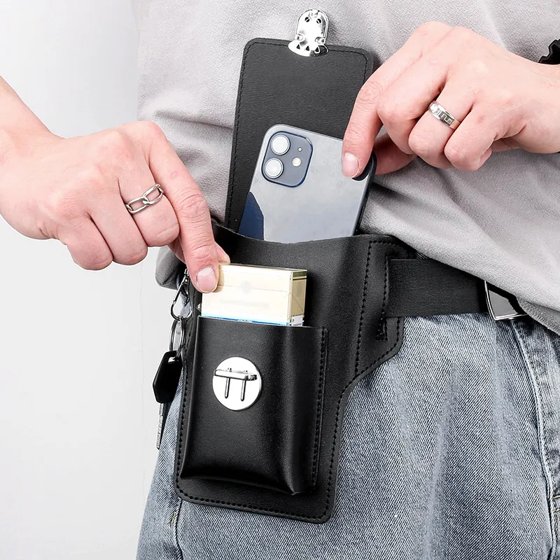 Genuine Leather Phone Belt Bag - Small Waist Holster Pouch, Flip Horizontal Case, Coin Purse Wallet, Black