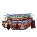 Women Folk Style Waist Bag with Adjustable Strap, Variegated Color Fanny Pack with Fringe Decor, Khaki/ Blue/ Yellow. 
