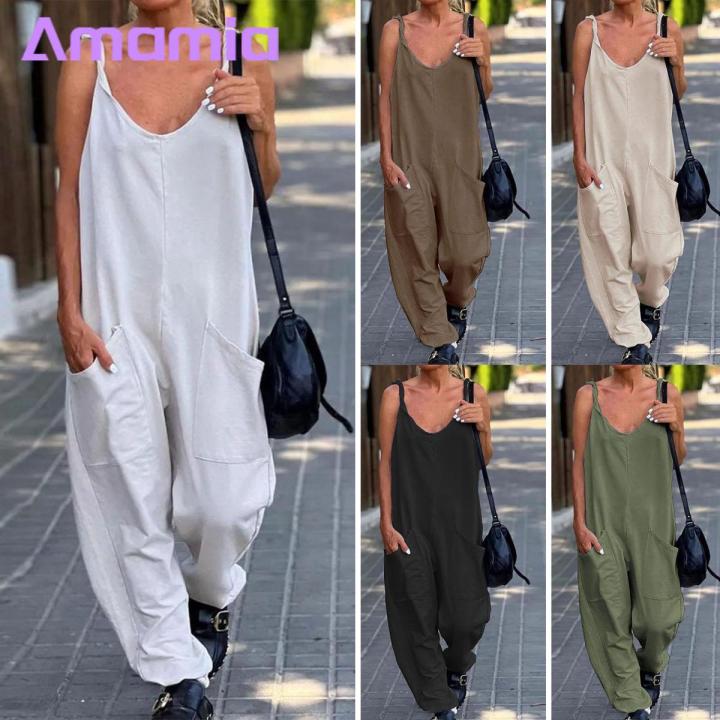 V-neck Sleeveless Jumpsuit Ladies Jumpsuit Women Sling V-neck Sleeveless Big Pockets Wide Leg Solid Color Thin Playsuit Bib Overall Streetwear Loose Jumpsuit