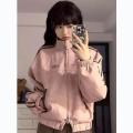 Deeptown Vintage Y2k Pink Suede Jacket Women Korean Fashion Streetwear Cropped Bomber Jackets Japanese Style College Spring Coat.