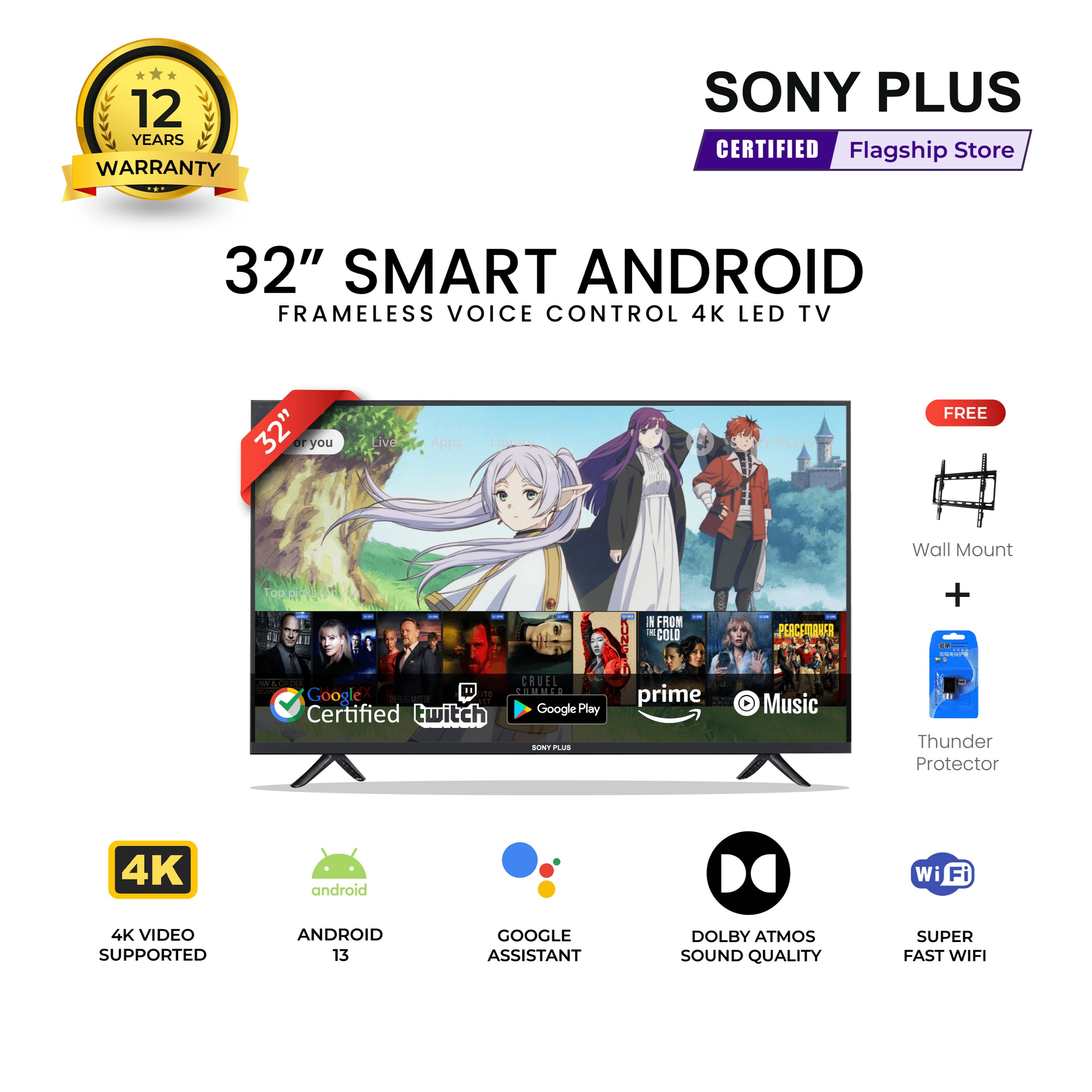 Sony Plus 32 inch Frameless Voice Control Smart Android LED TV Full HD 4K Supported Television