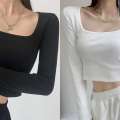 Square neck long sleeved T shirt for women wearing spicy girl style exposed collarbone short and slim fit bottom shirt with versatile ins top inside. 
