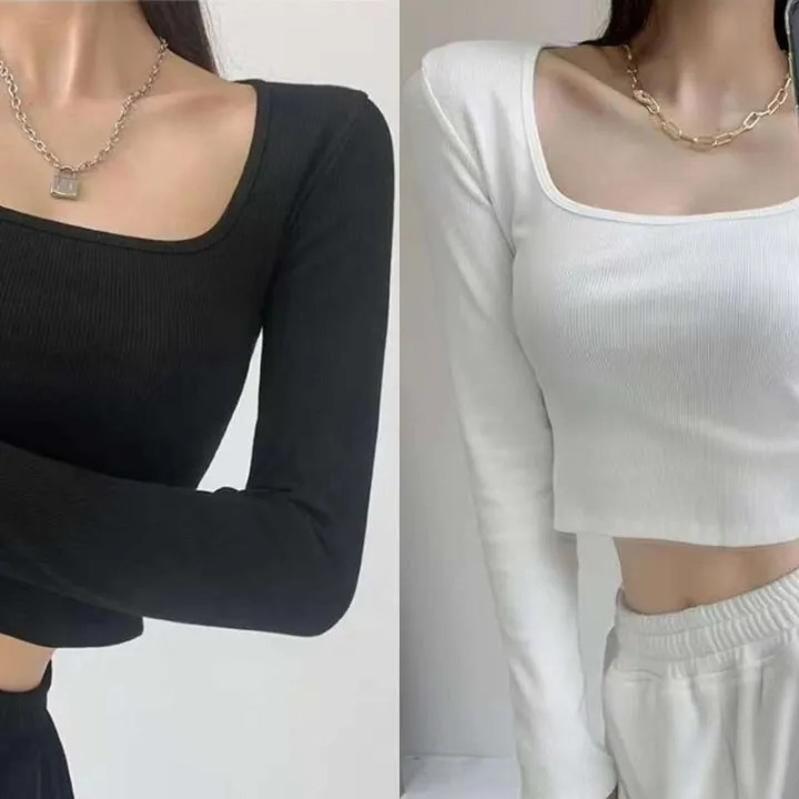 Square%20neck%20long%20sleeved%20T%20shirt%20for%20women%20wearing%20spicy%20girl%20style%20exposed%20collarbone%20short%20and%20slim%20fit%20bottom%20shirt%20with%20versatile%20ins%20top%20inside%20-%20Image%207