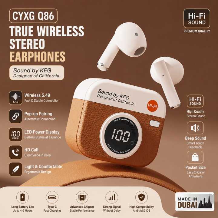 Q86 TWS Wireless Earphones Bluetooth 5.3 Stereo Sport Headphones Retro Camera Style Earbuds Compatible iPhone Android
