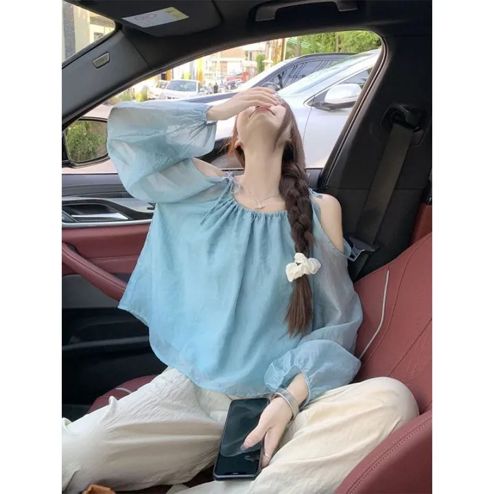 Gentle%20Korean%20Style%20off-the-Shoulder%20Strap%20Top%20Women's%20Summer%20High-Grade%20Temperament%20Wild%20Loose%20Lantern%20Sleeve%20Sun%20Protection%20Shirt%20-%20Image%203
