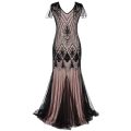 Women 1920s Great Gatsby Dress Long 20s Flapper Dress Vintage V Neck Sequins Beads Maxi Party Dress Mesh Prom Gown Elegant Dress. 