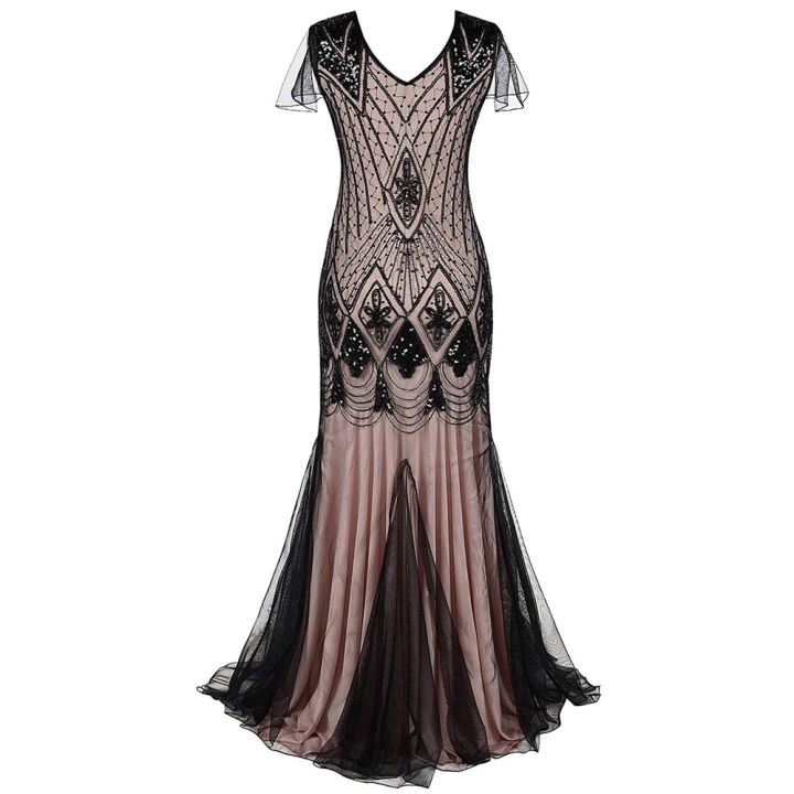 Women%201920s%20Great%20Gatsby%20Dress%20Long%2020s%20Flapper%20Dress%20Vintage%20V%20Neck%20Sequins%20Beads%20Maxi%20Party%20Dress%20Mesh%20Prom%20Gown%20Elegant%20Dress%20-%20Image%205