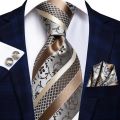 Hi-Tie Gold Striped Paisley Solid Men Silk Wedding Tie Fashion Design Necktie For Men Hanky Cufflink Business Party.