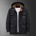 Autumn and Winter Cargo Pants Outdoor Leisure Jacket Men's Mid-Length Fleece-lined Multi-Pocket Hooded Jacket Men's Jacket. 