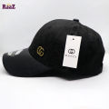 Black GG Metal Logo Leather Imported Curved Visor Cap. 