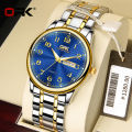 OPK new watch for men relo water proof pang lalaki fashion casual stainless steel quartz watch gold/black calendar luminous display. 