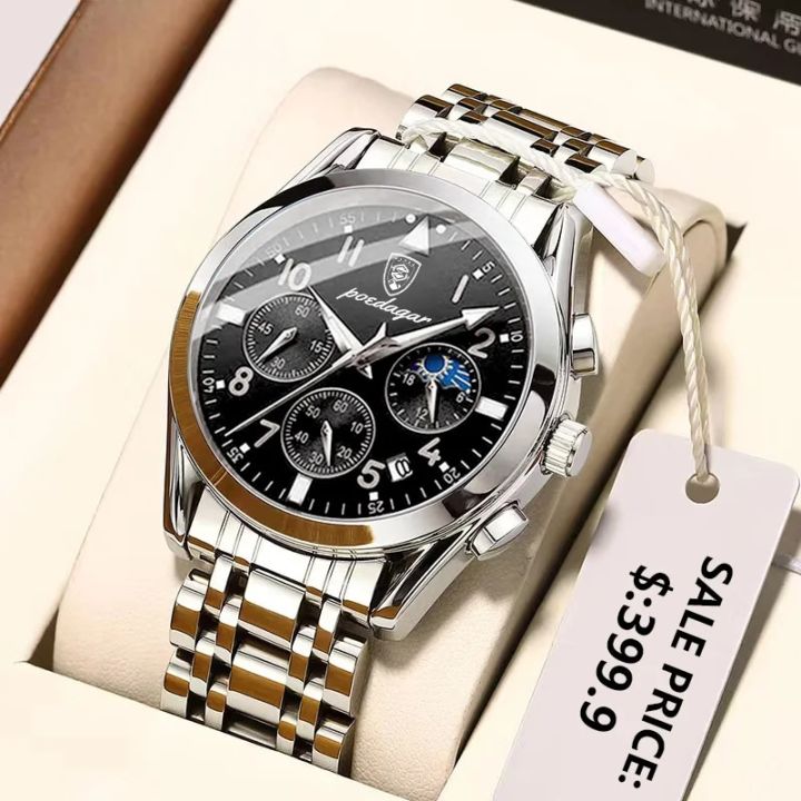 POEDAGAR Men Watch Top Luxury Sport Chronograph Quartz Watches Stainless Steel Waterproof Luminous Date Week Business Wristwatch