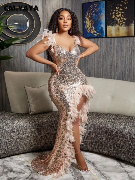 Women Sequined Spaghetti Strap Feather Hem High Side Slit