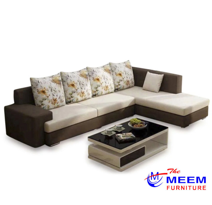 Sofa Set L Shape Offwhite & Chocolate Color