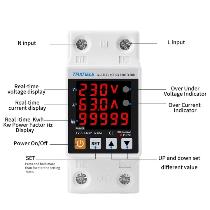 TAXNELE%2063A%20230V%203%20IN1%20Display%20Din%20Rail%20Adjustable%20Over%20Under%20Voltage%20Surge%20Protector%20Relay%20Over%20Current%20Protect%20Kwh%20Power%20Watt%20Meter%20-%20Image%202