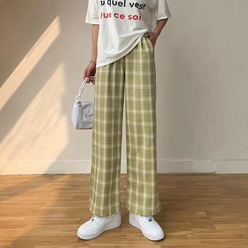 Plus Size Korean Style Plaid Pants Spring Fashion Autumn Wide Leg