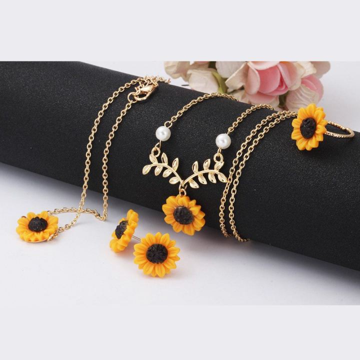 4Pcs/Set%20Sunflower%20Pendant%20Necklace%20Stud%20Earrings%20Ring%20Bracelet%20Jewelry%20-%20Image%203