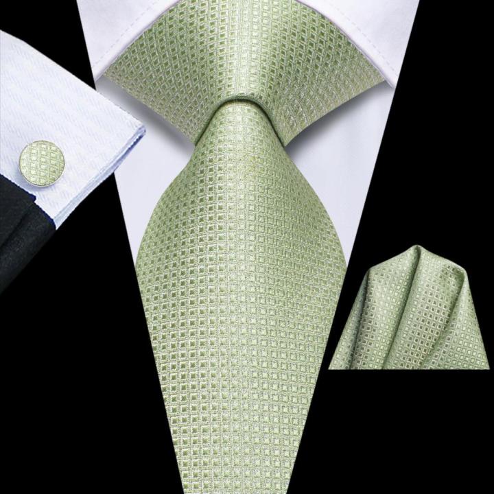 2023 New Sage Green Solid Plaid Hi-Tie Designer Gift Tie for Men Fashion Brand Wedding Party Necktie Handky Cufflinks Wholesale