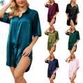 Chic Satin Nightgown with 3/4 Sleeves – Button Down Boyfriend Style. 