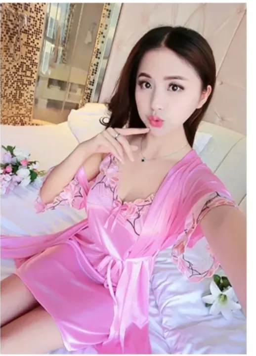 Women%20Night%20Dress%20Gift%20Your%20Wife%20Honeymoon%202%20Pcs%20Short-Sleeved%20Sexy%20Lace%20Strap%20Night%20Skirt%20Silk%20Silk%20Home%20Service%20Suit%20Pajama%20-%20Image%203