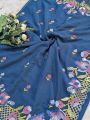 Navy blue color Indian white gold Georgette embroidery saree. 