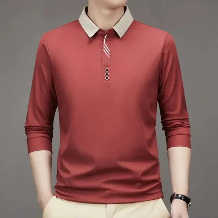 Men's%20Long%20Sleeve%20Turn-down%20Collar%20Waffle%20T-shirt%20Business%20Casual%20Contrast%20Line%20Polo%20Shirt%20-%20Image%206