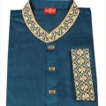 Men's Premium Quality Dark Cerulean Embroidery Semi Long Panjabi with Snap Button By Panjab Corner. 