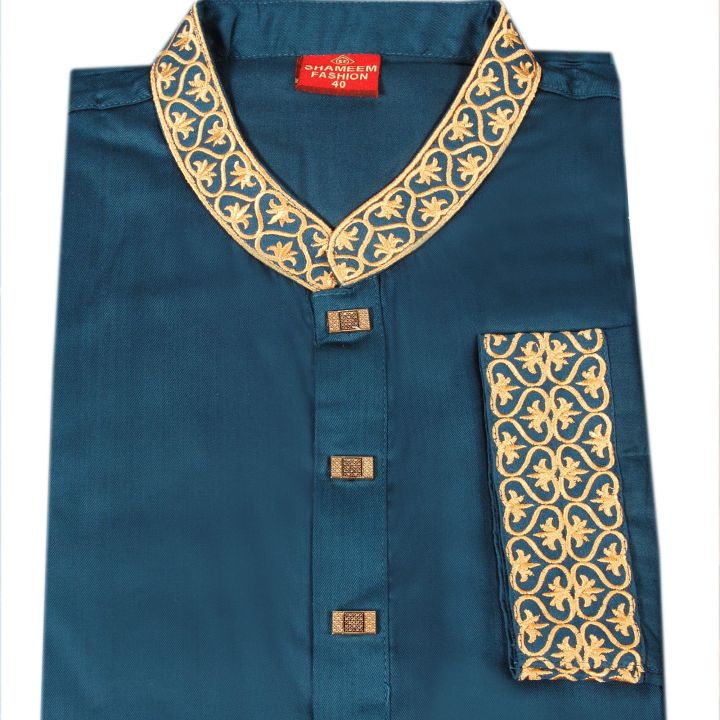 Men's Premium Quality Dark Cerulean Embroidery Semi Long Panjabi with Snap Button By Panjab Corner